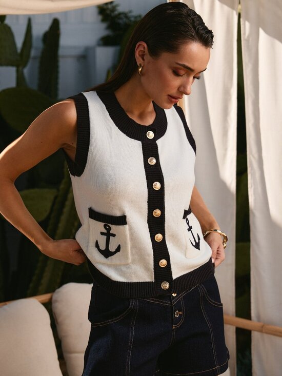 Able Tops - NWT Ivory with Navy Contrast Anchor Ocean Sea Yacht Club Vibes Knit Cotton Vest